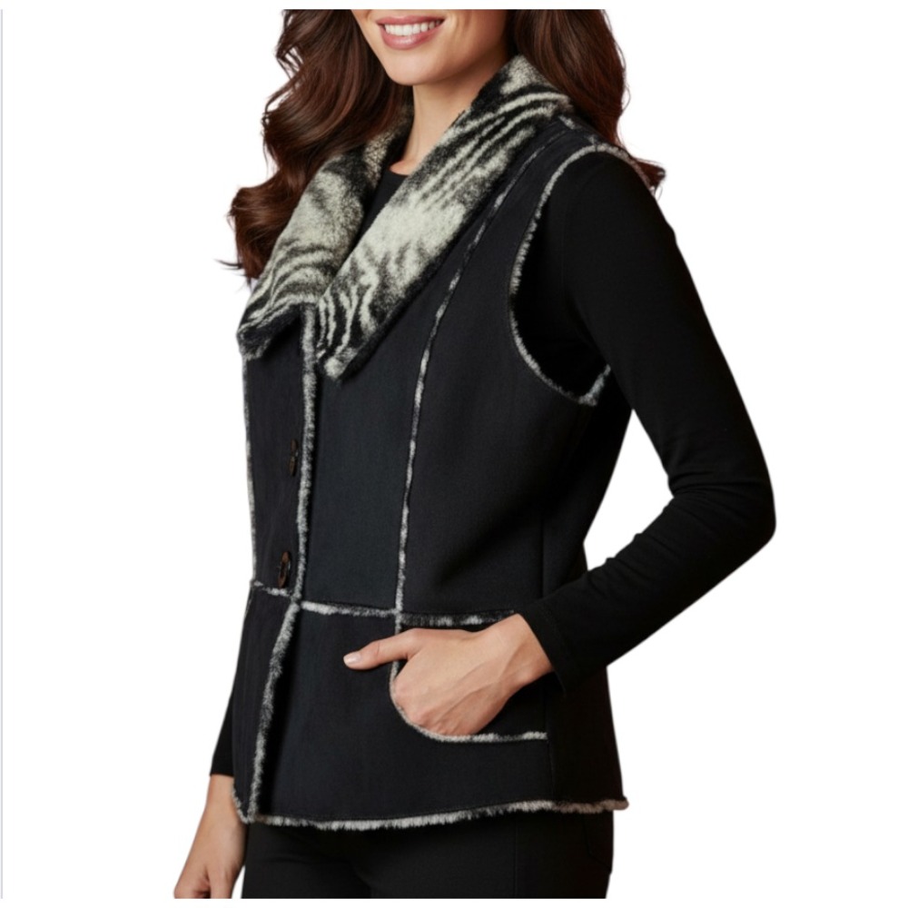 LISA INTERNATIONAL Faux Suede & Zebra Fur Black/White REVERSIBLE VEST Jacket XL